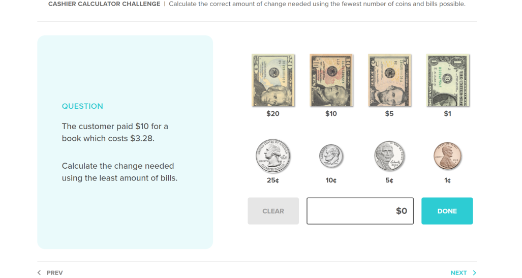 screenshot of Making Change transaction for a book featuring cash and coins