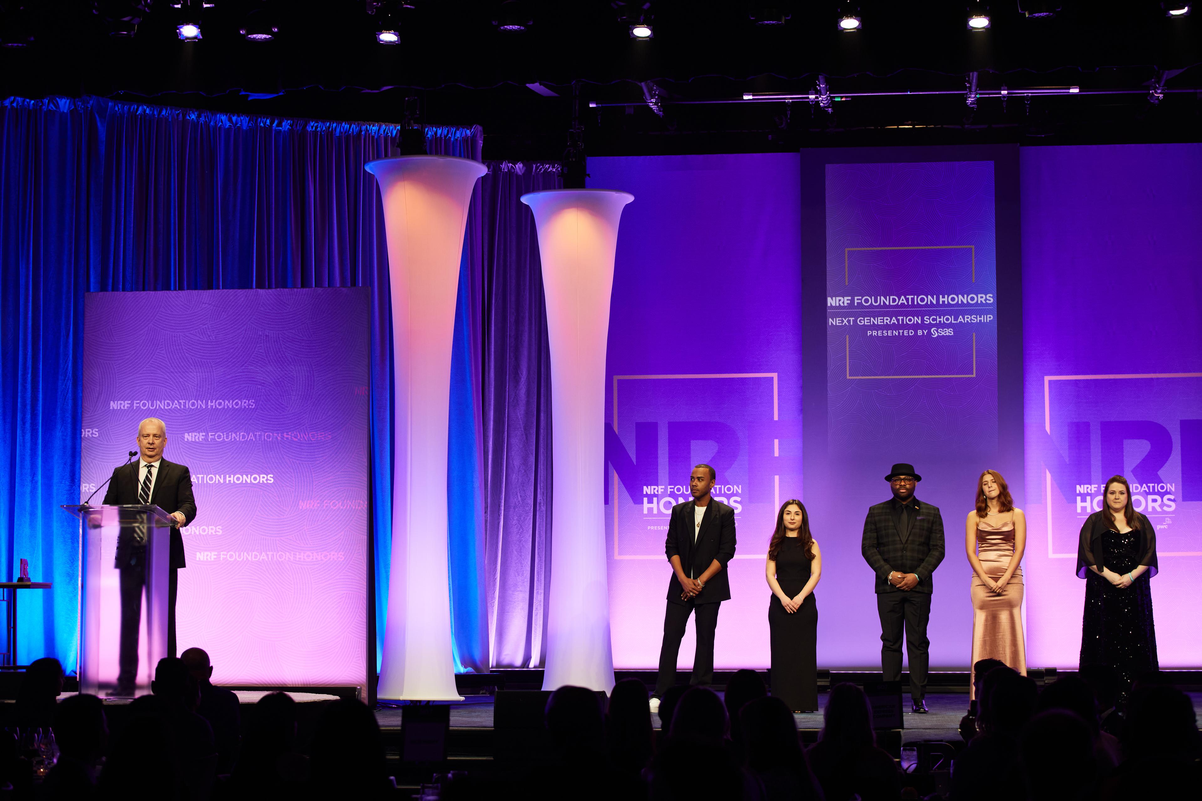 Richard Widdowson of SAS with 2022 finalists onstage at the NRF Foundation Honors