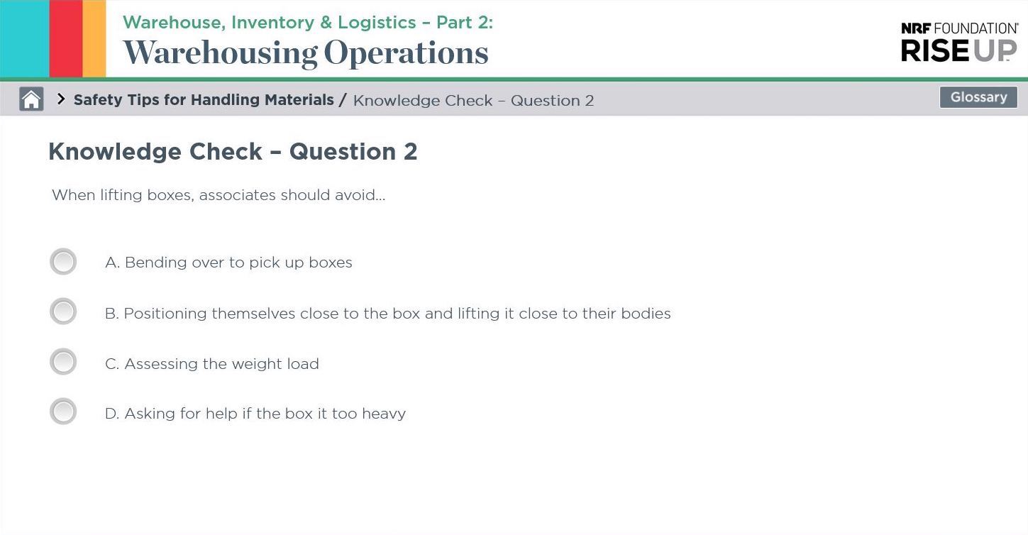 Knowledge checks at the end of every section that allow learners to test their mastery of content before moving onto the next section