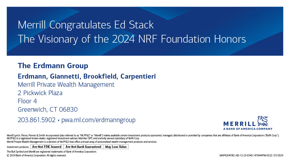 Merril congratulates Ed Stack, The Visionary of the 2024 NRF Foundation Honors. The Erdmann Group.