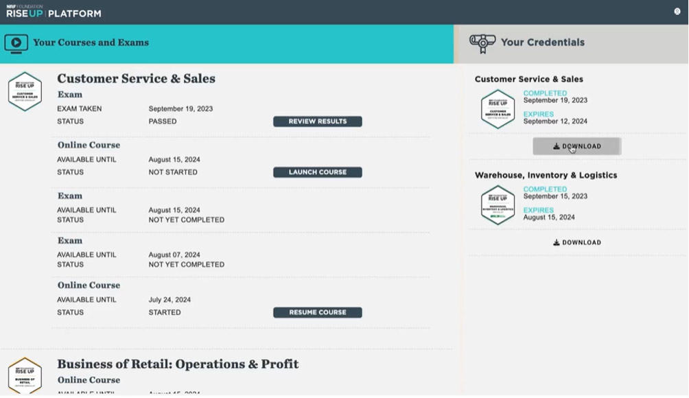 RISEUp Retail Industry Fundamentals Post-Exam certificate download screen