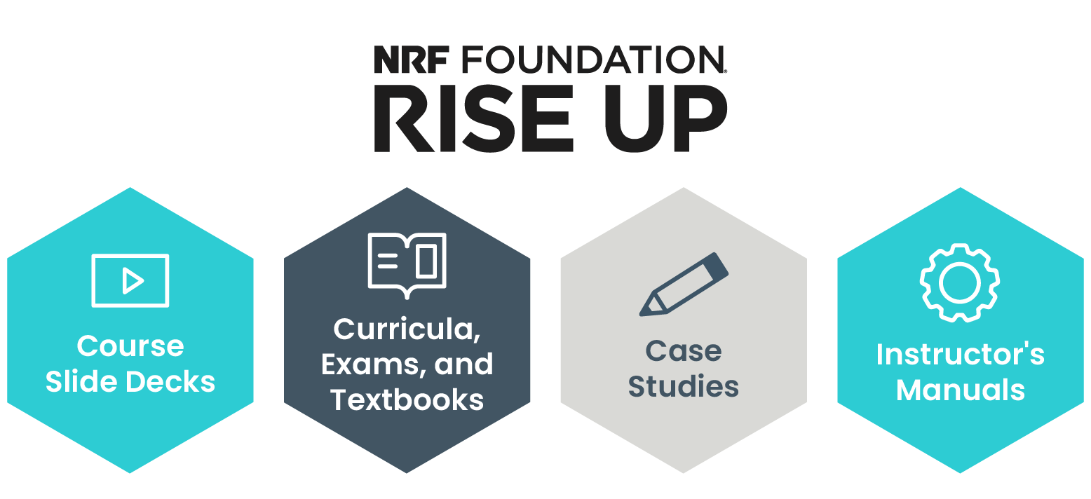 NRF Foundation RISE Up perks: course slide decks, curricula, exams, and textbooks, instructor’s manuals, case studies.